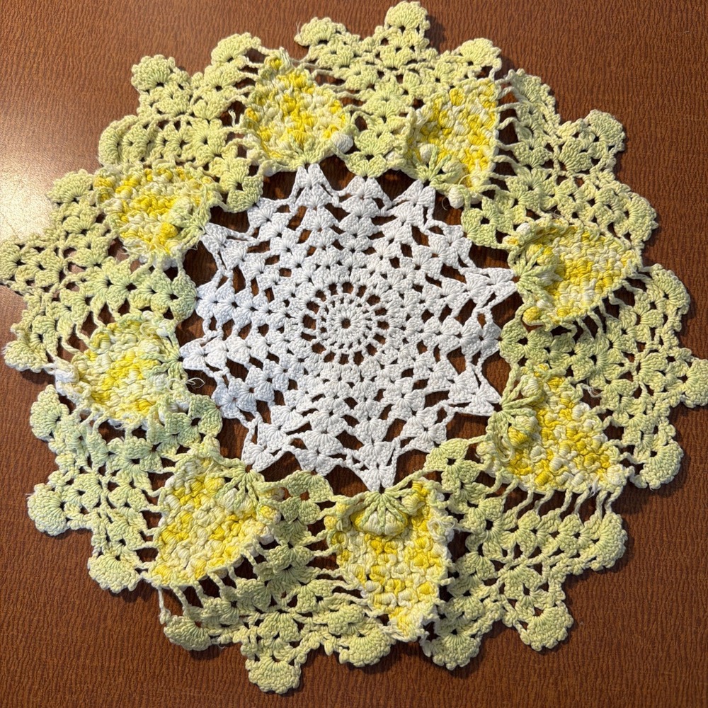 Vtg White & Yellow 12" Handmade Crocheted Doily Intricate Design